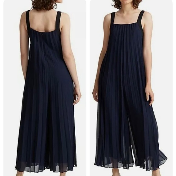 NWT Club Monaco Formal Jumpsuit Navy Pleated Chiffon & Black - Picture 2 of 3